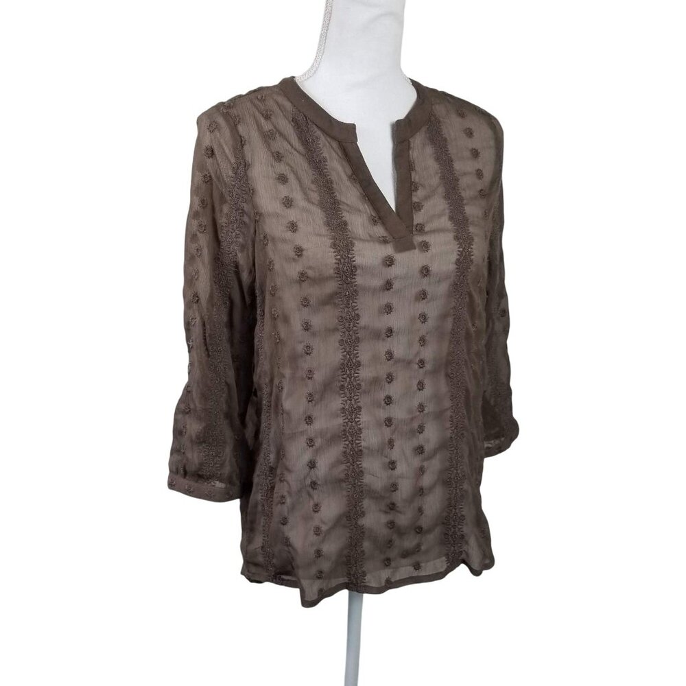 Olive & Oak Sheer Brown 3/4 Sleeve Embroidered Blouse Womens S